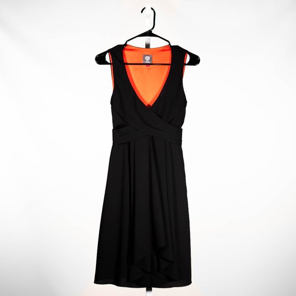 Vince Camuto Womens Dress Black Stretch V-Neck Belted Fit Flare Cocktail Party 4 - Picture 1 of 9